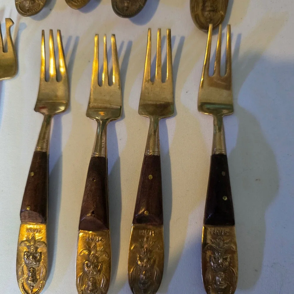Vintage Siam Bronze Wood Flatware Set 28pc Thai Deity Brass Mid Century Modern‎